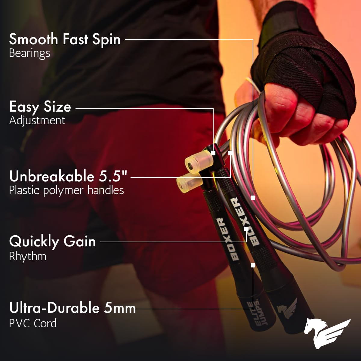 EliteSRS 10 Foot Outdoor Rated 5Mm Pvc, Boxer Jump Rope 3.0 with Smooth Action Polymer Handles and Ergonomic Slip-Resistant Dimpled Grips - Image 3