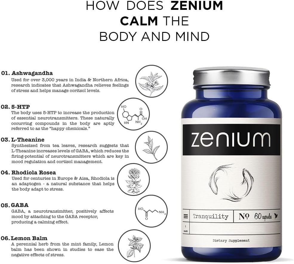 Zenium - Relieve Stress, Tension, Worry, Nervousness, & Irritability | Calm The Mind & Body | Ayurvedic | Natural Relief Supplement | Boosts Mood | Ashwagandha, L-Theanine, GABA, Rhodiola |60 Capsules - Image 4