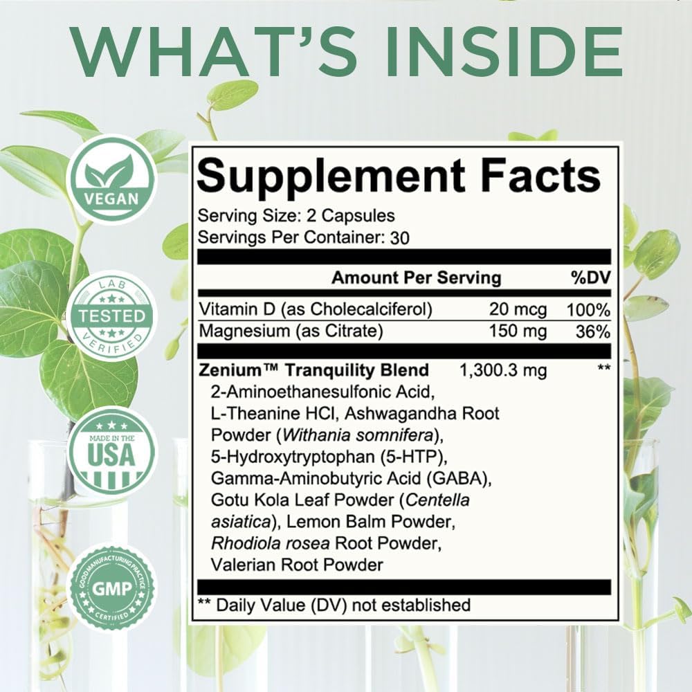 Zenium - Relieve Stress, Tension, Worry, Nervousness, & Irritability | Calm The Mind & Body | Ayurvedic | Natural Relief Supplement | Boosts Mood | Ashwagandha, L-Theanine, GABA, Rhodiola |60 Capsules - Image 7