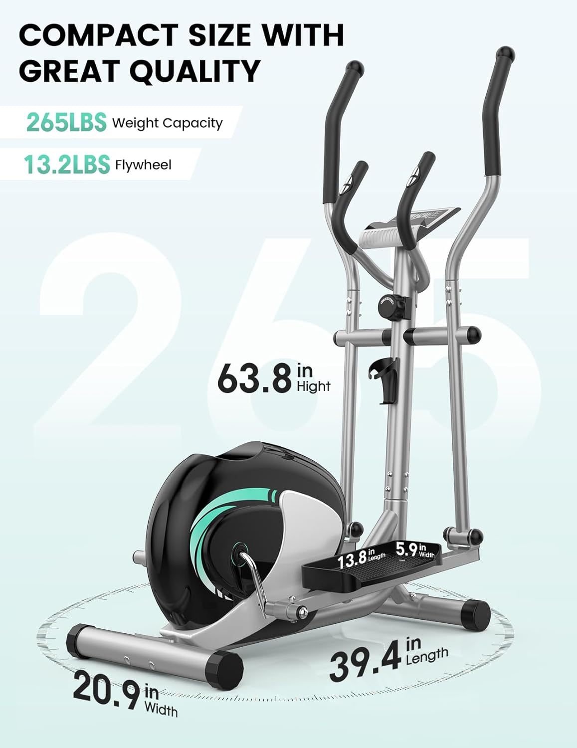 THERUN Elliptical Machine for Home, Magnetic Hyper-Quiet Compact Elliptical Exercise Machine w/ 8 Levels Adjustable Resistance, 6KG Flywheel, Pulse Sensor, LCD Monitor, Bottle Holder - Image 8